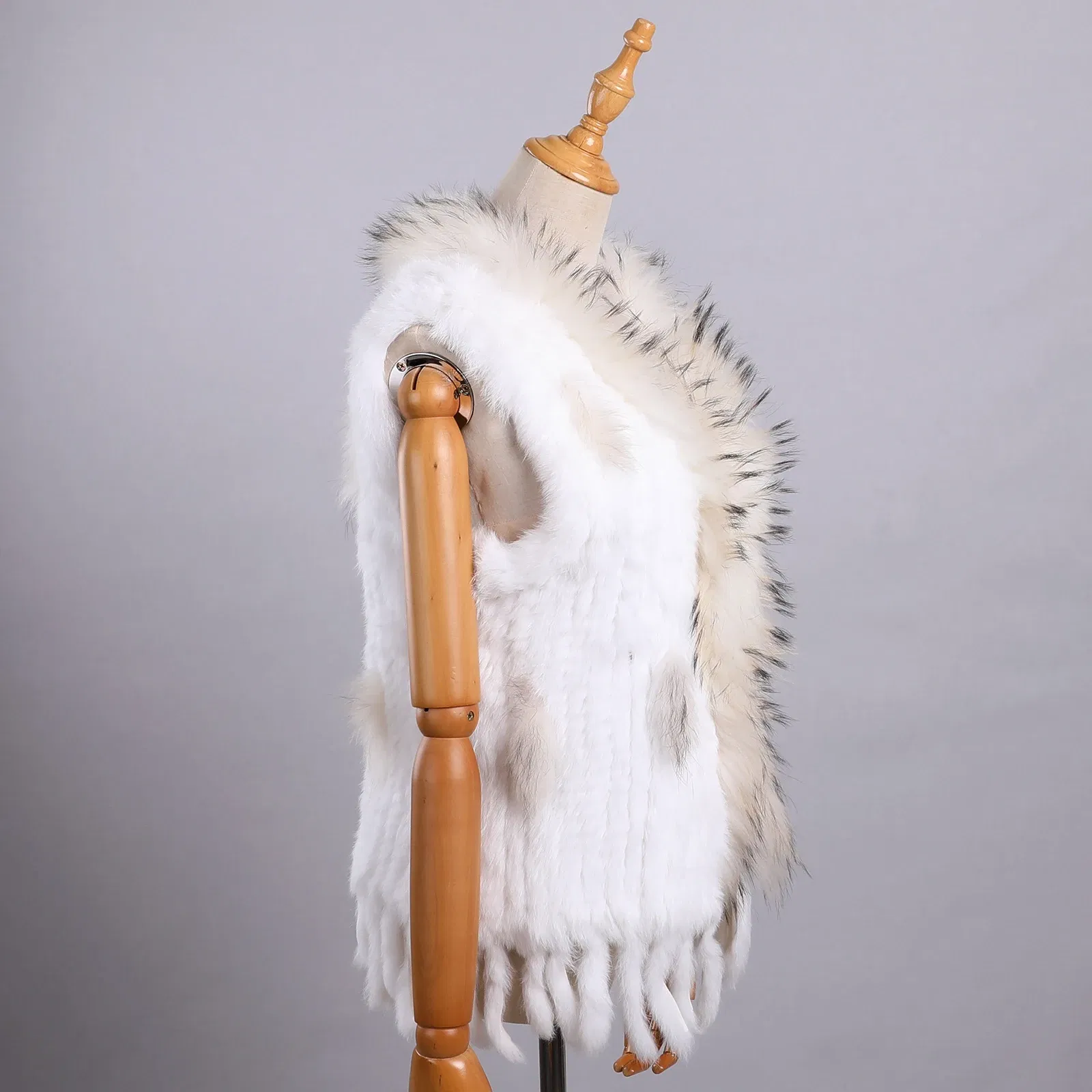 Color: Gold, Size: M - Luxury Women's Genuine Premium Long Hair Rabbit Fur Knit Vest Raccoon Fur Trim Gilet Lady Sleeveless Waistcoat Real Fur Jacket