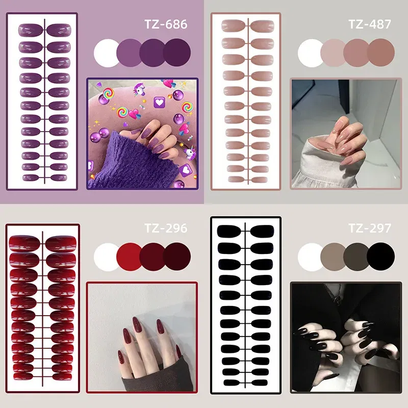 Color: plum - 24Pcs/Set Long Round Head Bright Solid Color Press On Acrylic Nail Art Fake Nails Finished Wearing Manicure Reusable False Nails