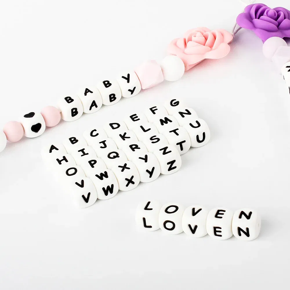 Color: Chocolate - 10pcs 12mm Baby Silicone Letters Beads for Pacifier Clips Alphabet Bead Baby Chew Teething Teether Nursing Children Gifts 100Pcs