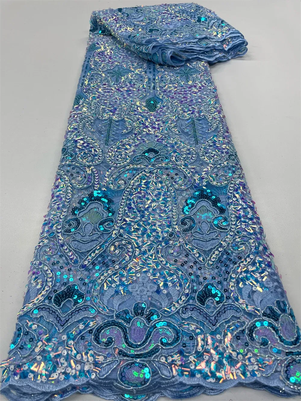 Color: RED, length: 3 YARDS, Width: 120cm - 2023 High Quality French Mesh Embroidery Sequins Lace Fabric African Nigerian Lace Fabric For Wedding Dress Sewing 3Yards QF154