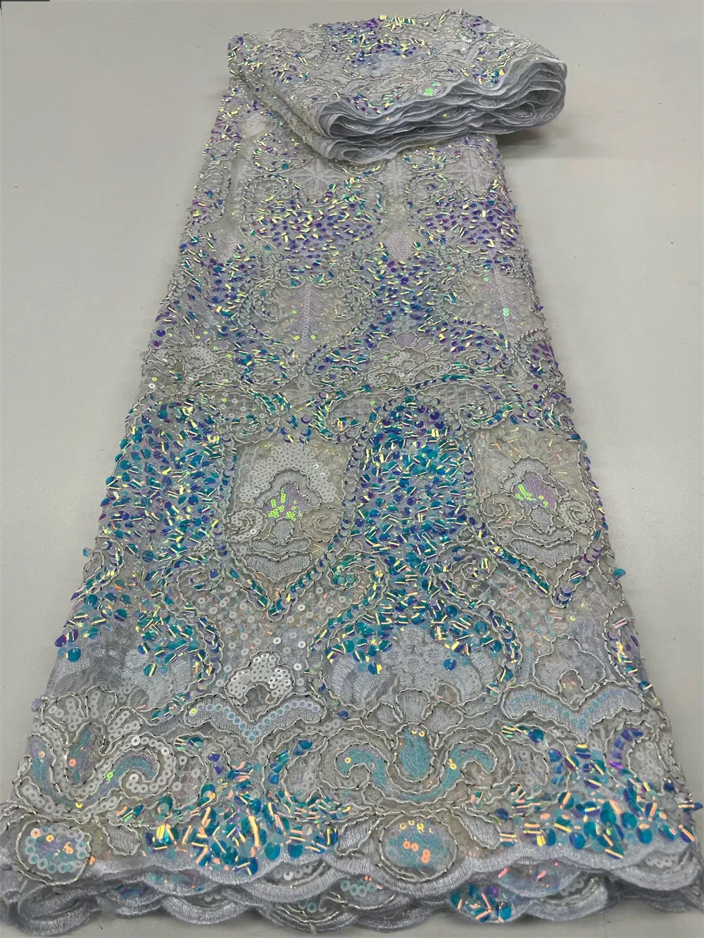 Color: RED, length: 3 YARDS, Width: 120cm - 2023 High Quality French Mesh Embroidery Sequins Lace Fabric African Nigerian Lace Fabric For Wedding Dress Sewing 3Yards QF154