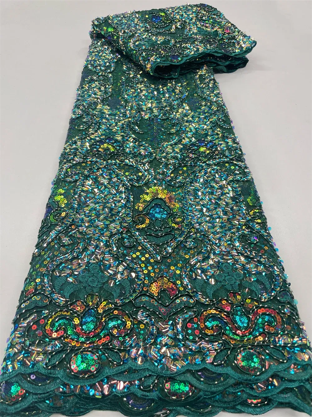 Color: RED, length: 3 YARDS, Width: 120cm - 2023 High Quality French Mesh Embroidery Sequins Lace Fabric African Nigerian Lace Fabric For Wedding Dress Sewing 3Yards QF154