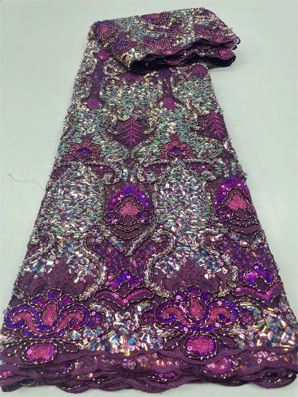 Color: RED, length: 3 YARDS, Width: 120cm - 2023 High Quality French Mesh Embroidery Sequins Lace Fabric African Nigerian Lace Fabric For Wedding Dress Sewing 3Yards QF154