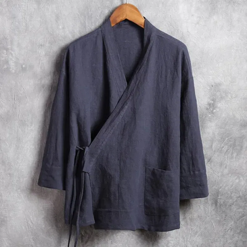 Color: Beige, Size: M - Plus Size M-6XL Pure Color Men's Tops 2024 New Cotton Linen Oblique Placket Long Sleeve Linen Hanfu chinese Clothing  Kimono