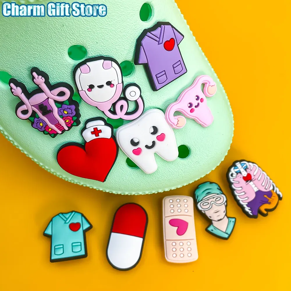 Color: WHITE - 1pcs Medical Clog Accessories Stethoscope Syringe Gibit Shoe Charm Clog Pins Teeth Uterus Nurse Clips Jeans Girl Women Gift