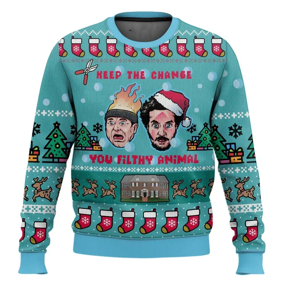 Color: PURPLE, Size: L, Ships From: CHINA - Merry Christmas alone at home Ugly Christmas sweater cartoon animation Men's pullover 2026 fashionable couple shirts Sweatshirt