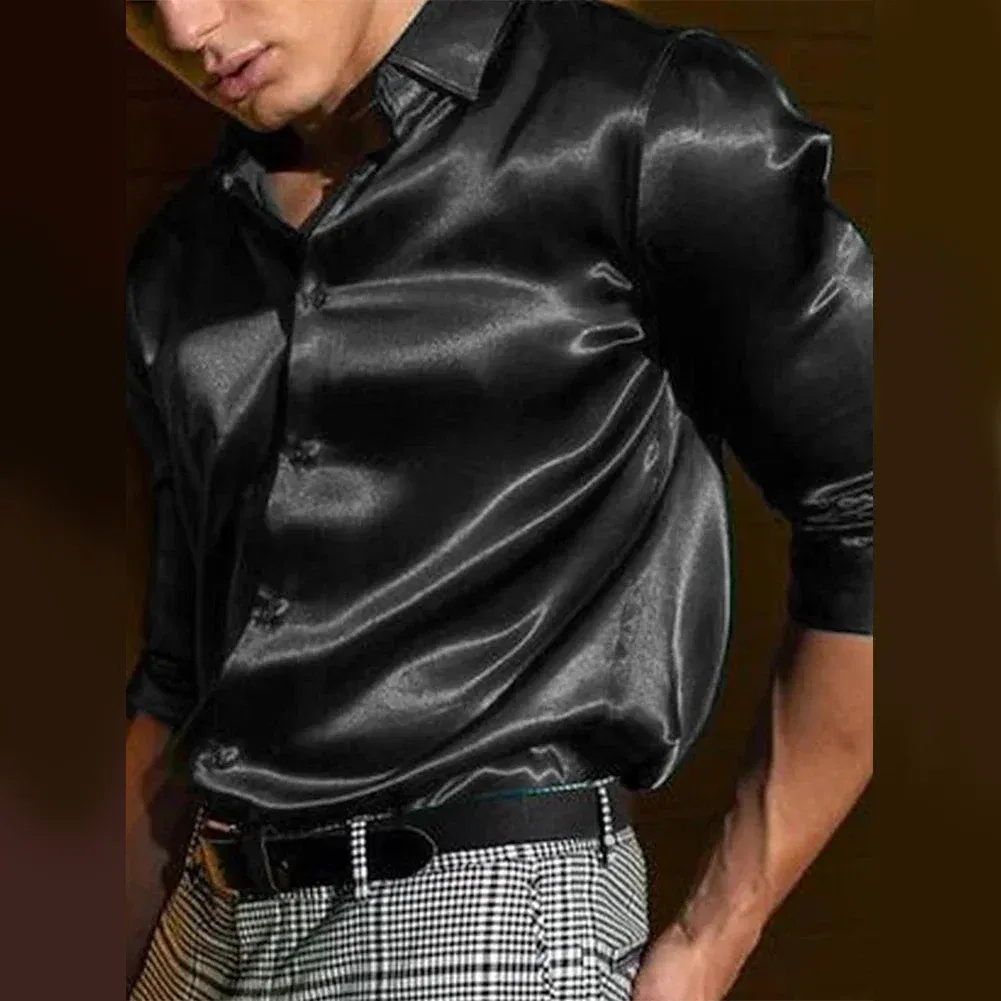Color: black, Size: XXL, Ships From: CHINA - Casual Men's Satin Silk Dress Shirts Long Sleeve Social Single Breasted Button Turn-Down Collar Shirts Wedding Party Men Clothes