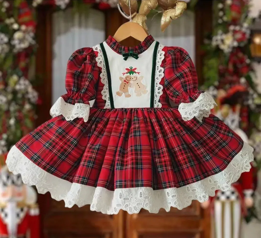 Kid Size: 6 - Baby Girl Summer Red Plaid Gingerbread Man Embroidery Turkish Vintage Princess Dress for Birthday Holiday Party Christmas B496