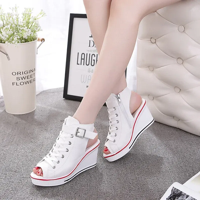 Color: WHITE, Shoe Size: 37 - Spring Summer Women's Height Increasing Platform Canvas Fish Mouth Shoes Open Toe Hollow Canvas Wedge Shoes Zapatos Para Mujer