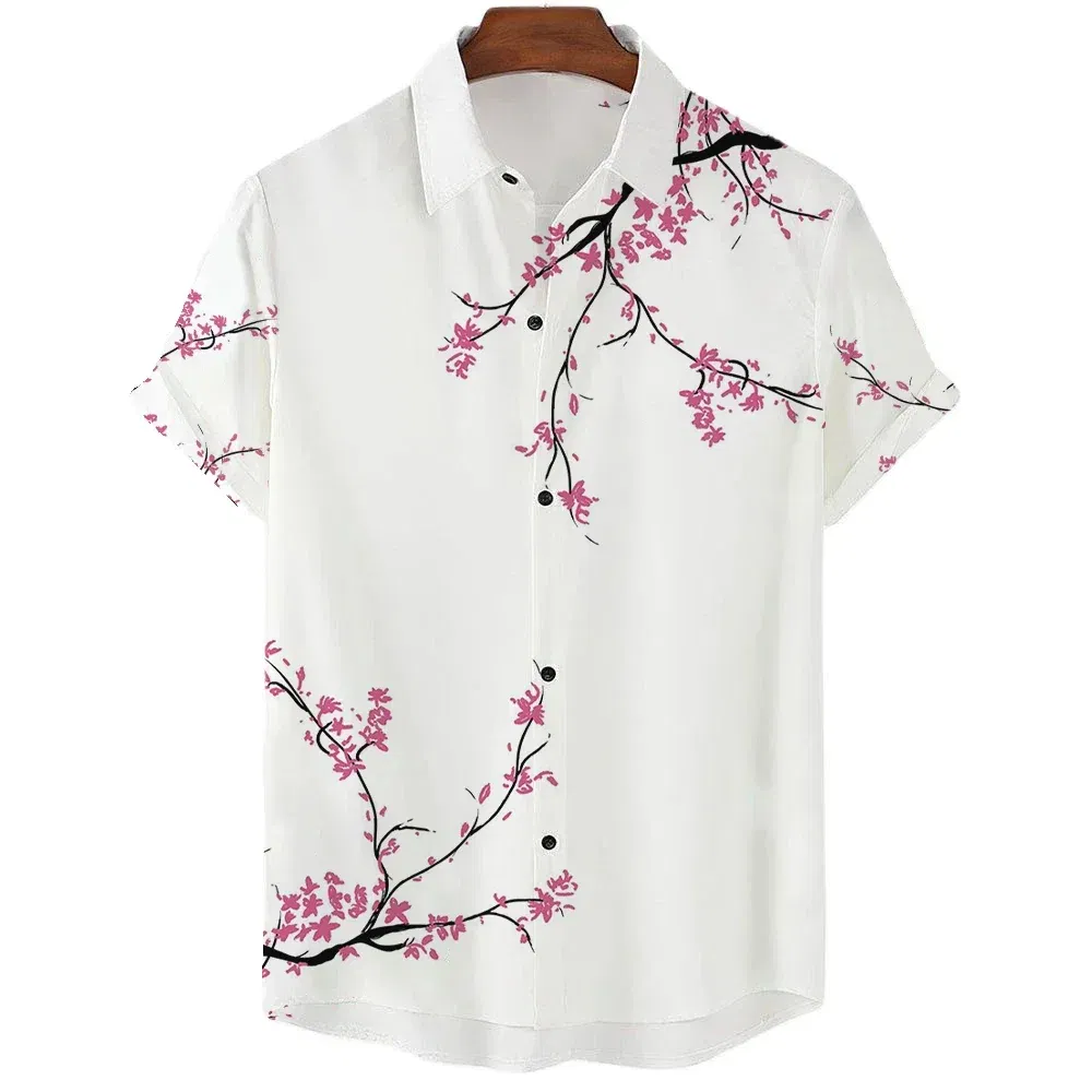 Color: GRAY, Size: XXXL - Fashionable Luxury Social men's Shirt Lapel button-down Shirt Casual Japanese Aesthetic Cherry Blossom Print short-sleeved Tops