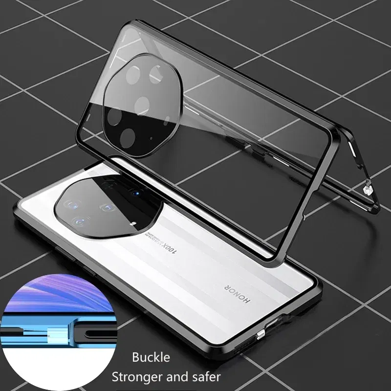 Color: Blue, Material: Nylon - Double Sided Glass Magnetic Metal Snap Lock Phone Case For Honor Magic 4 5 Ultimate 6 Lite 7 Pro Lens Protection Cover Cases