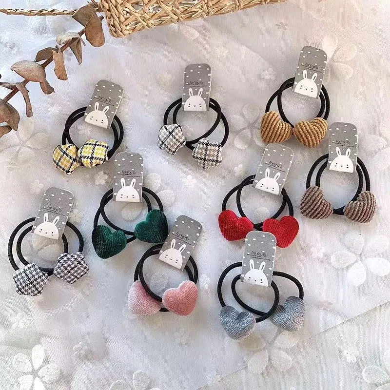 Color: GRAY - 2pcs Velvet Heart Plaid Star Button Elastic Hair Bands Rubber Hair Rope Tie Girls Hair Scrunchie Ponytail Holder Gum Accessories