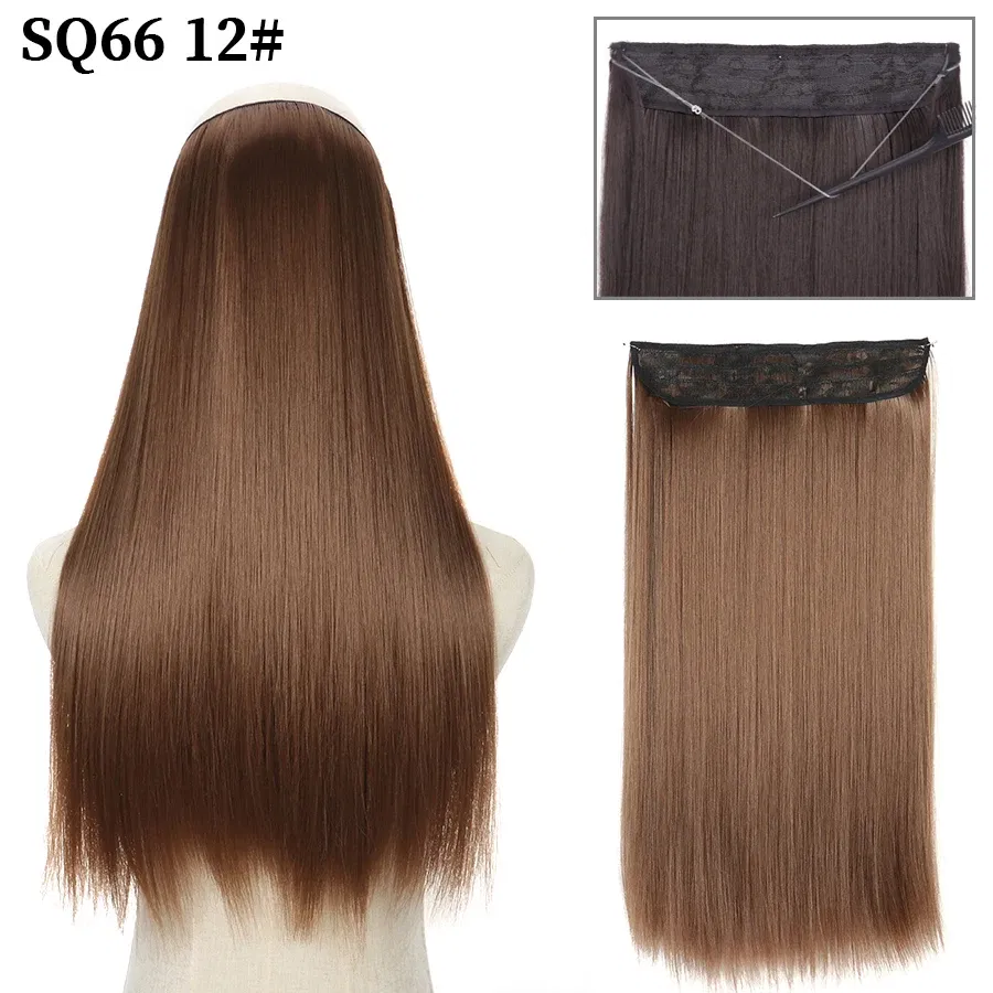 Color: #4, Stretched Length: 32inches, Ships From: CHINA - Synthetic Natural Wavy No Clip Fish Line Invisible Hair Extensions Mixed Color Blonde Black Artificial False Hair Piece ForWomen