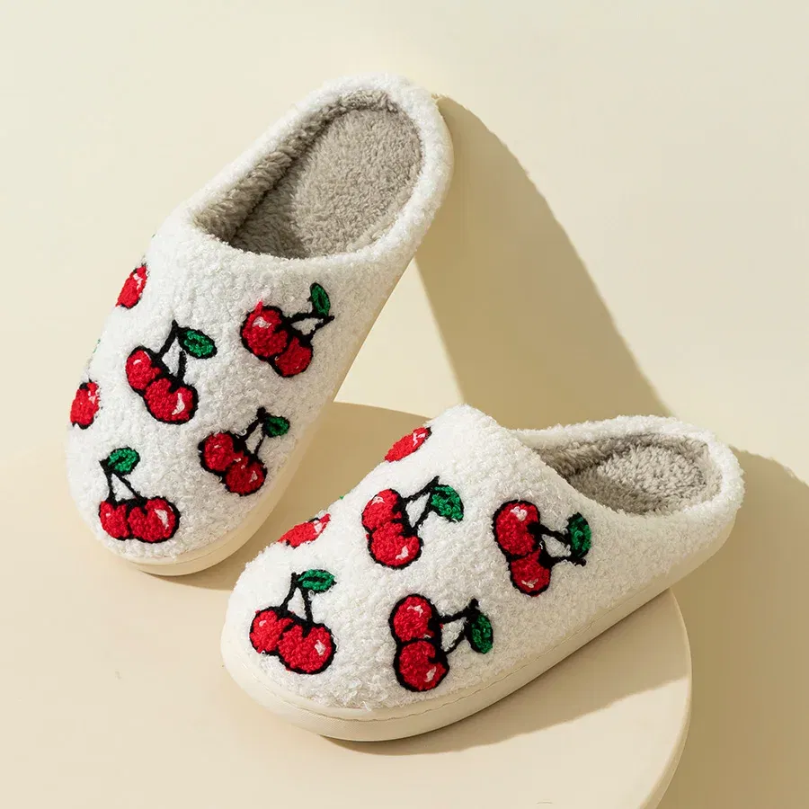 Color: Yellow, Shoe Size: 3.5 - Cute Little Cherry Slippers Women Fluffy Cherries Fur Plush House Shoes Female Bedroom Comfy Home Flat Slip-on Slides New