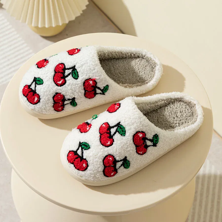 Color: Yellow, Shoe Size: 3.5 - Cute Little Cherry Slippers Women Fluffy Cherries Fur Plush House Shoes Female Bedroom Comfy Home Flat Slip-on Slides New