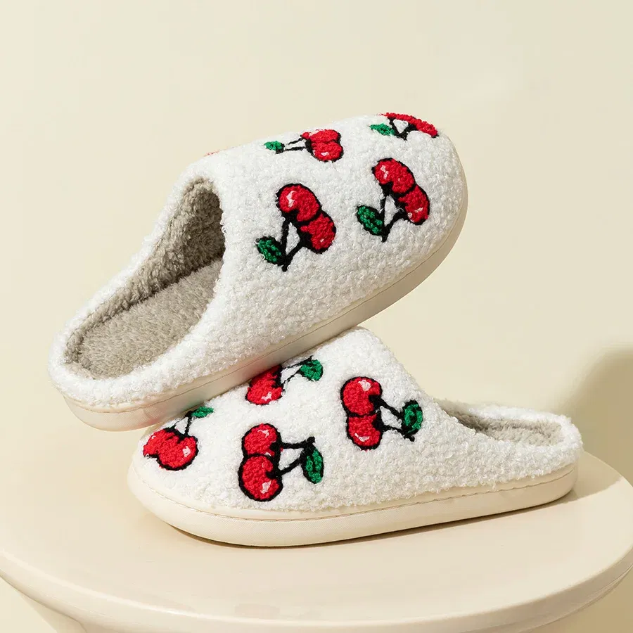 Color: Yellow, Shoe Size: 3.5 - Cute Little Cherry Slippers Women Fluffy Cherries Fur Plush House Shoes Female Bedroom Comfy Home Flat Slip-on Slides New