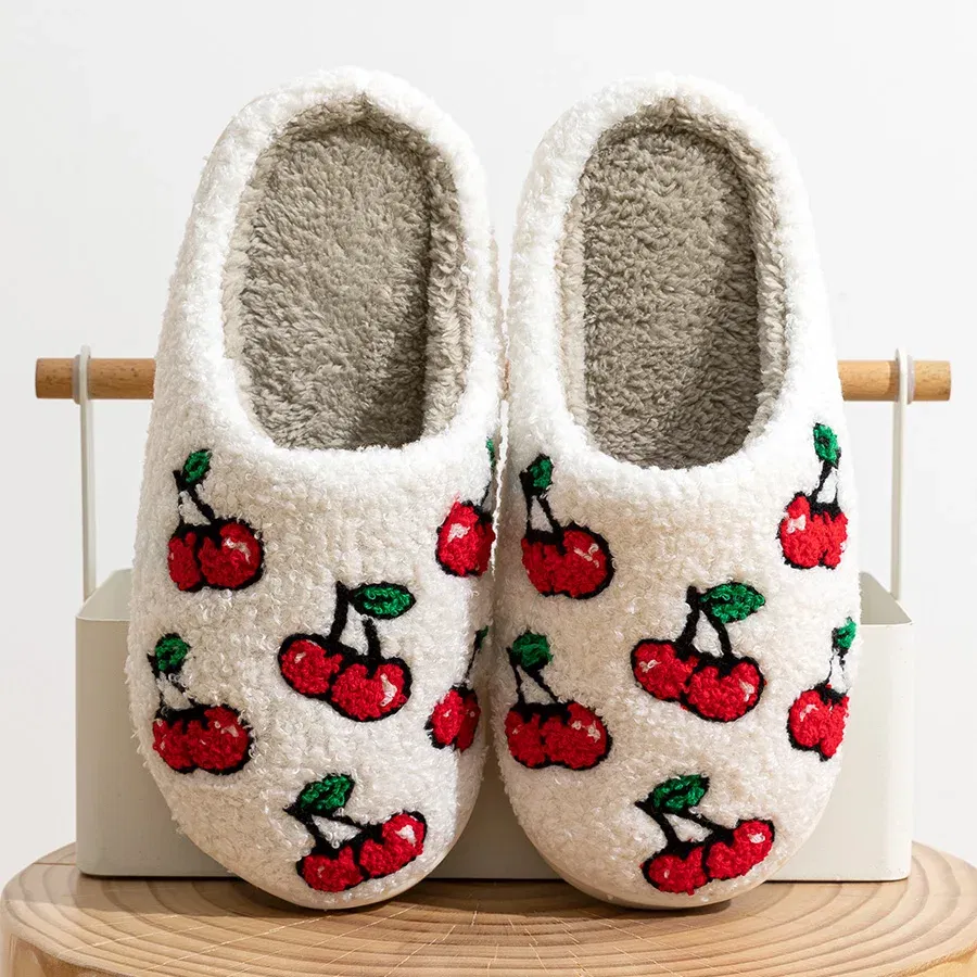 Color: Yellow, Shoe Size: 3.5 - Cute Little Cherry Slippers Women Fluffy Cherries Fur Plush House Shoes Female Bedroom Comfy Home Flat Slip-on Slides New