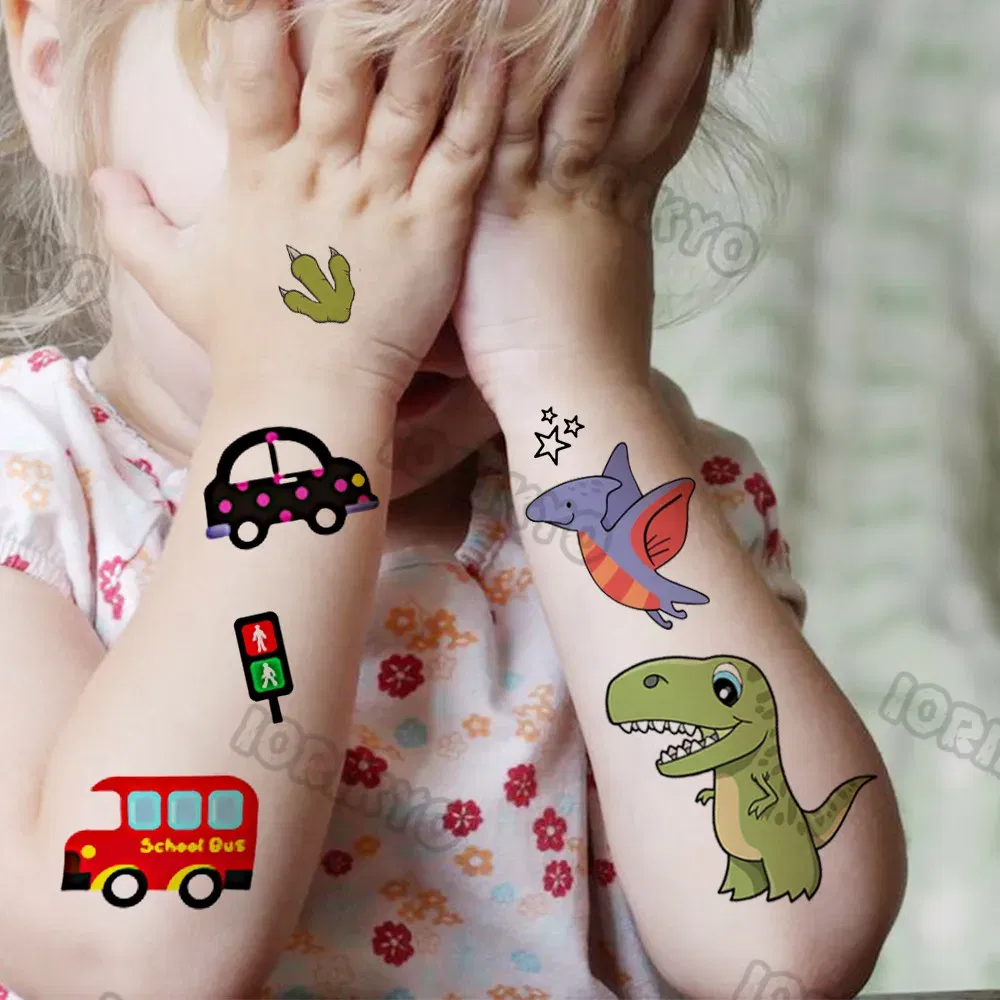 Color: apple green - Cute Small Bus Car Temporary Tattoos For Kids Boys Girls Baby Child Cute Dinosaur Tattoo Sticker Funny Fake Star Tatoo Face Hand