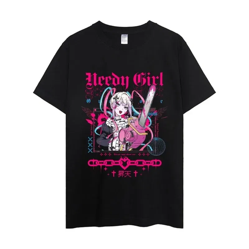 Color: black, Size: XS - NEEDY GIRL OVERDOSE T Shirt Men Couple Combination Clothes Short Sleeve Collar Fashion Woman Cotton