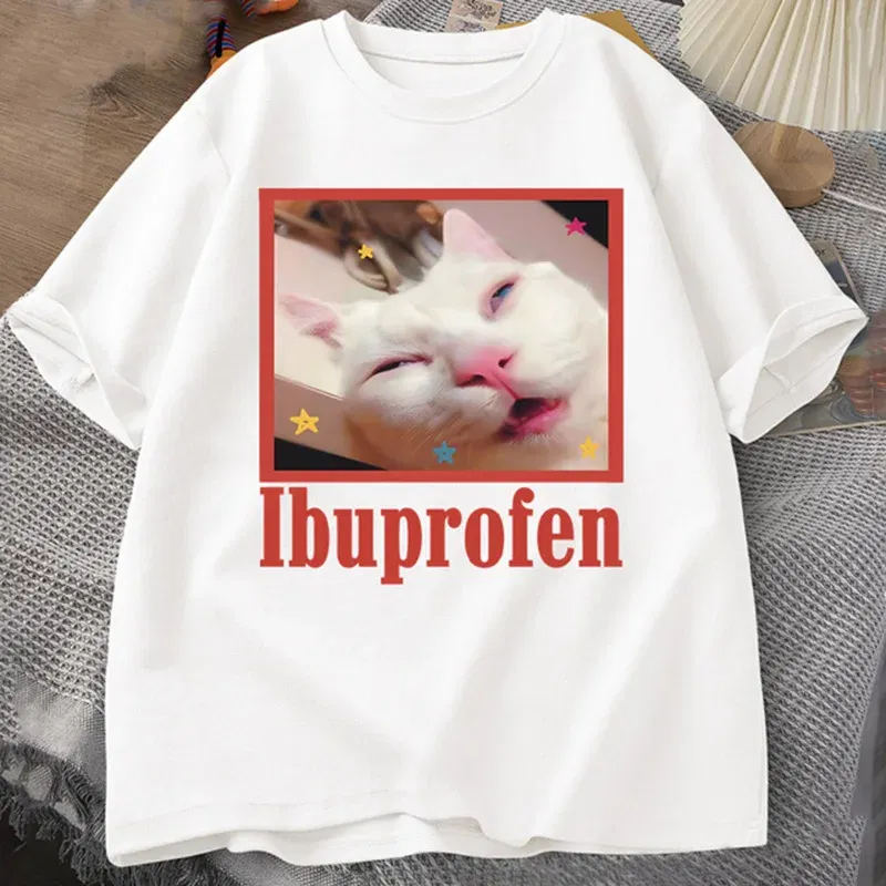 Color: Pink, Size: L - Ibuprofen Cat Meme Tshirt Funny Cat Graphic Tee Cute Cat Lover Cotton T-Shirt Casual Funny T Shirts Unisex Oversized Tshirt Tee