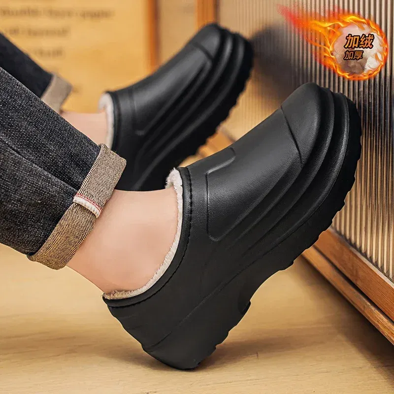 Color: black, Shoe Size: 44 - Eva Men's Chef Slippers Winter Slipper for Men Home Cotton Shoes Water Proof Anti-slip Keep Warm Height-increasing New Arrival