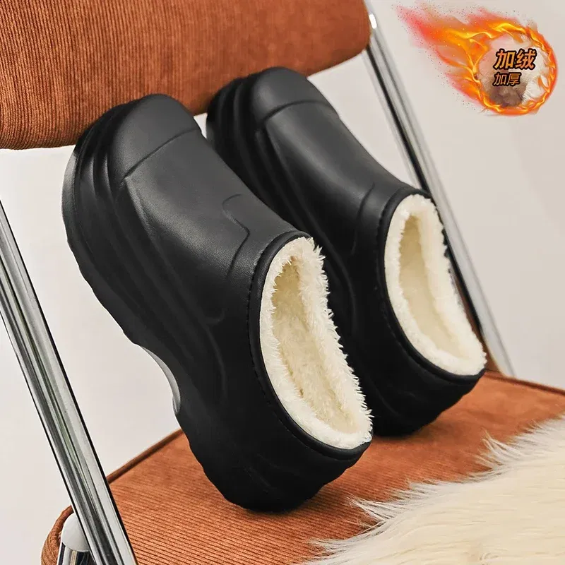 Color: black, Shoe Size: 44 - Eva Men's Chef Slippers Winter Slipper for Men Home Cotton Shoes Water Proof Anti-slip Keep Warm Height-increasing New Arrival