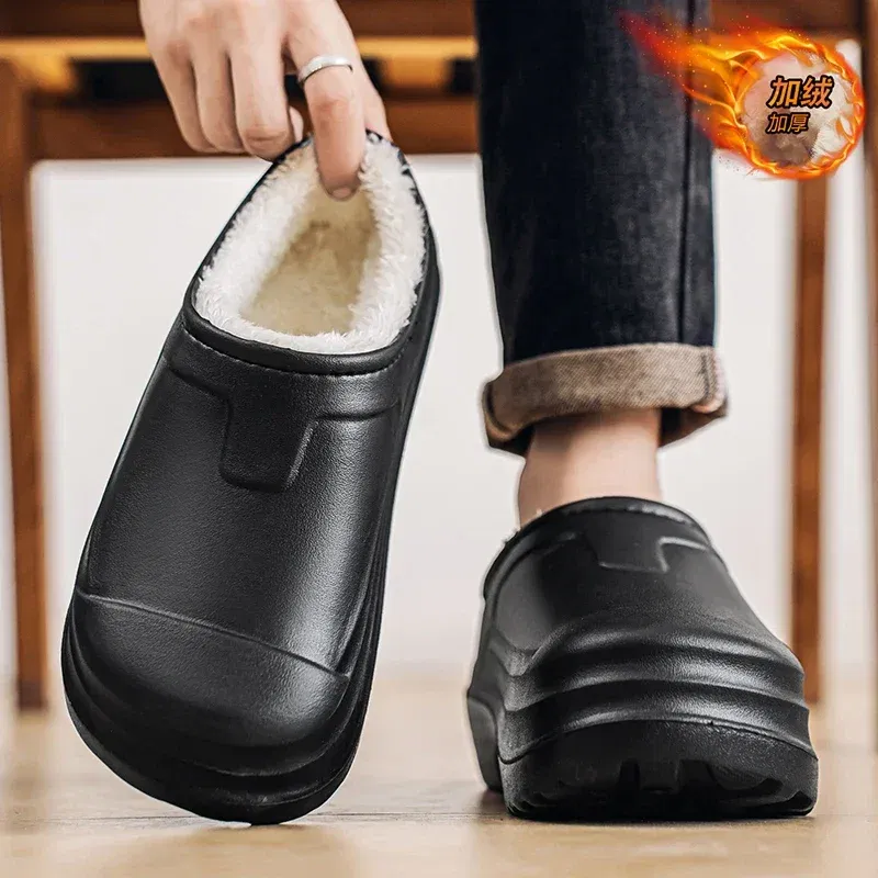 Color: black, Shoe Size: 44 - Eva Men's Chef Slippers Winter Slipper for Men Home Cotton Shoes Water Proof Anti-slip Keep Warm Height-increasing New Arrival
