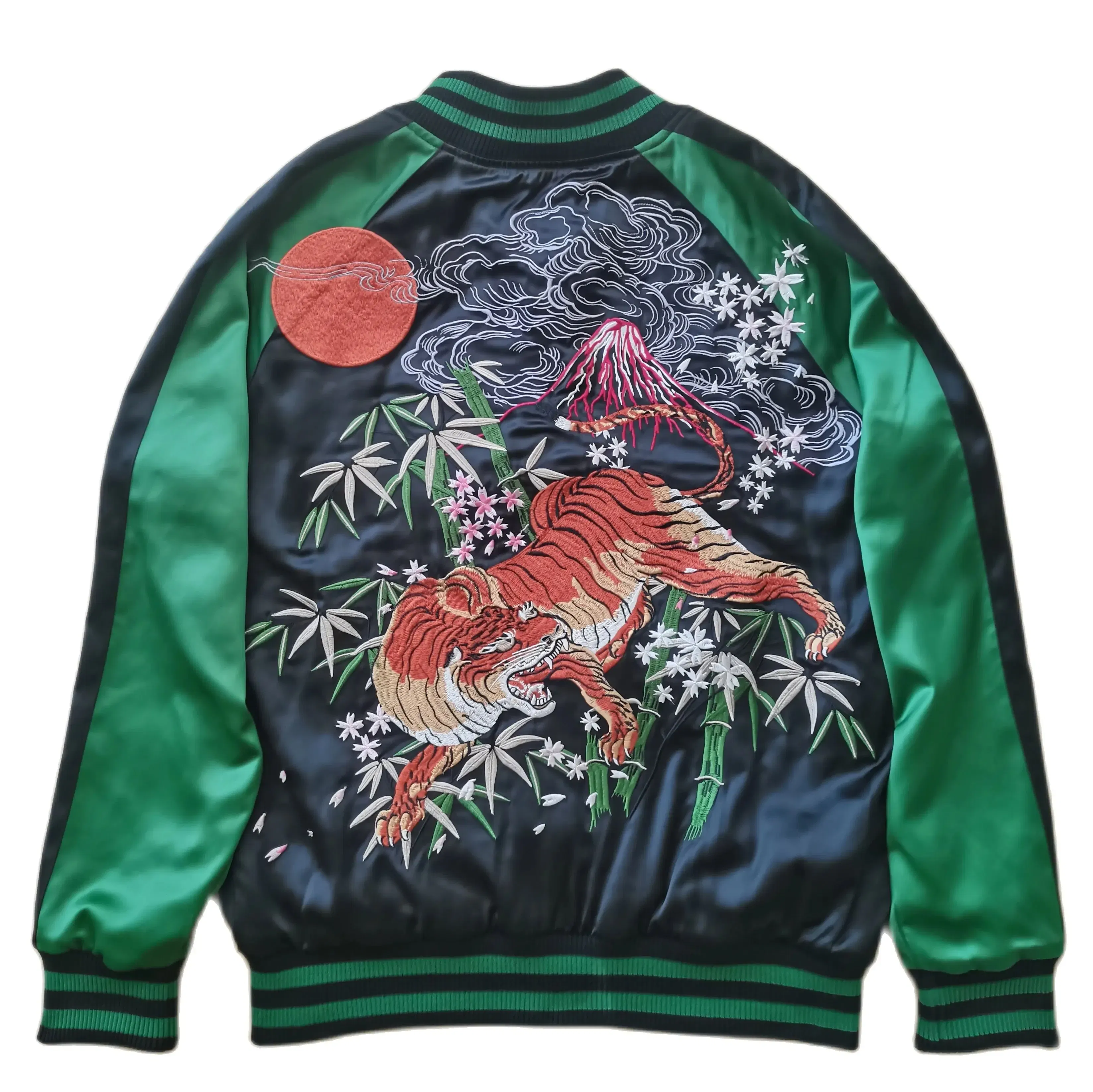 Color: Mint, Size: M - New High Street Fashion Men Boys Tiger Bamboo Sakura Heavy Work Embroidered Green Sukajan Souvenir Jacket Coats Vintage Casual