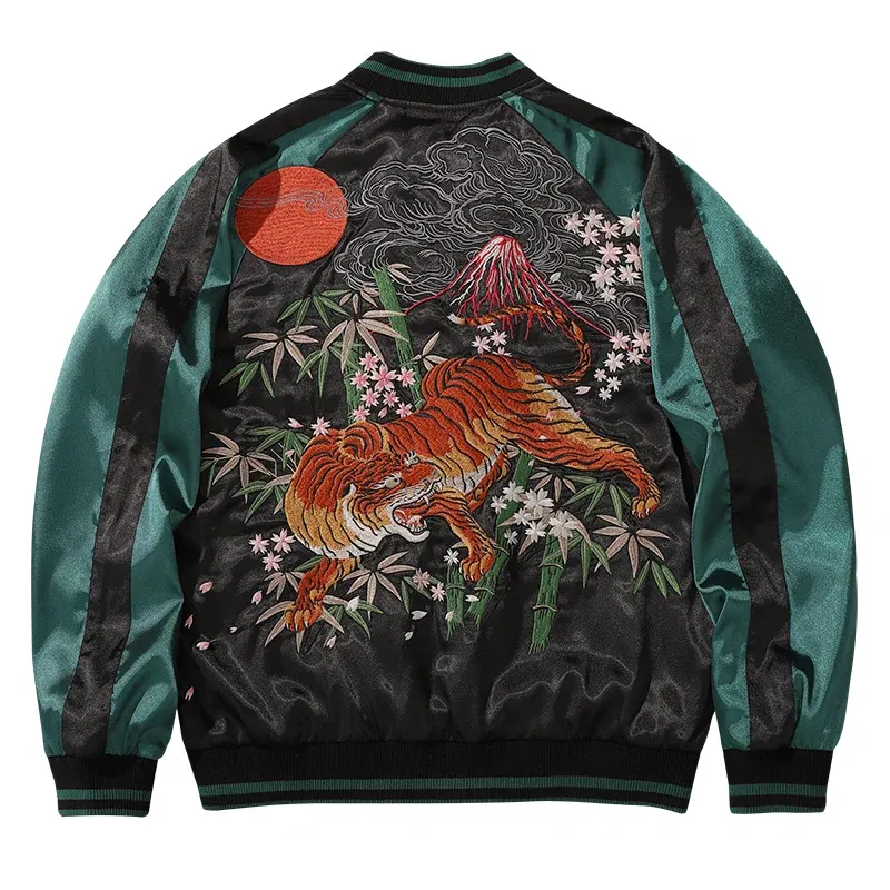 Color: Mint, Size: M - New High Street Fashion Men Boys Tiger Bamboo Sakura Heavy Work Embroidered Green Sukajan Souvenir Jacket Coats Vintage Casual
