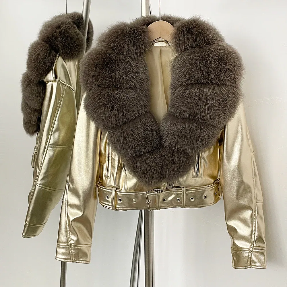 Color: Orange, Size: M - Fake Leather Coat New Natural Fox Fur Autumn Short Faux Leather Jacket Female Spring PU Women Long Sleeve Real Fur Coat Thin