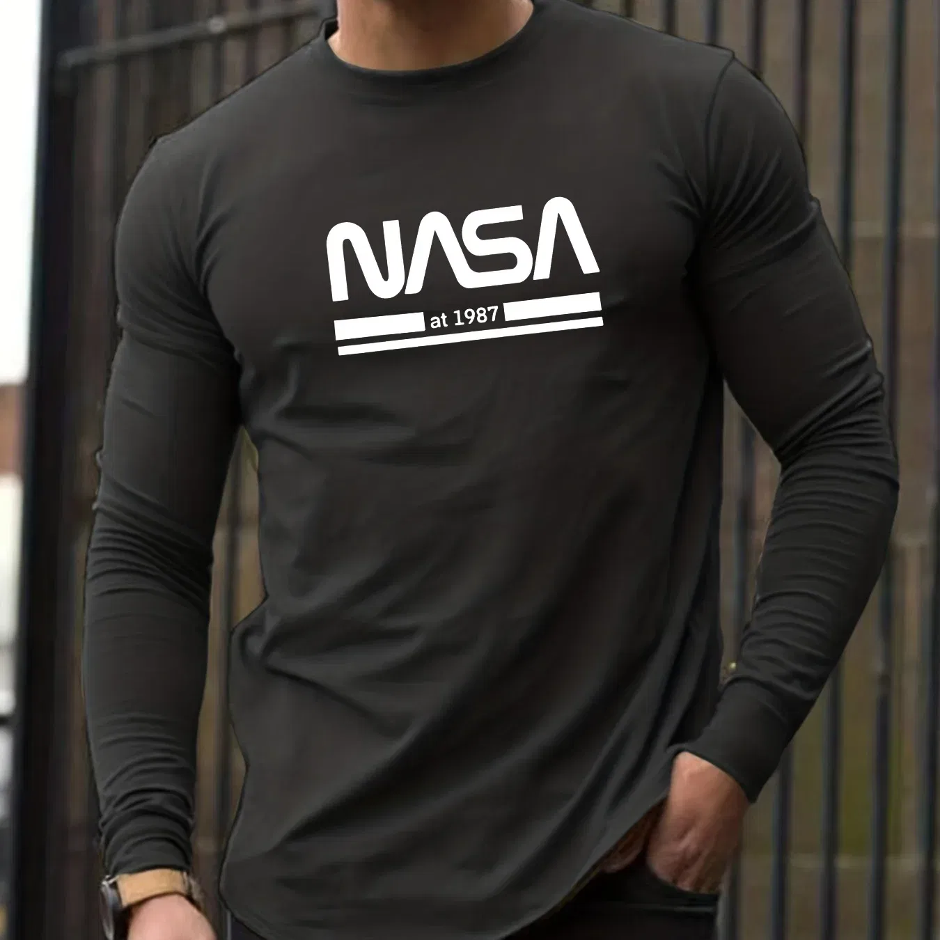 Color: Dark Grey, Size: XL - Men's Spring and Autumn 100% Cotton Loose Comfortable Casual NASA Letter Printed Round Neck Long Sleeve T-shirt