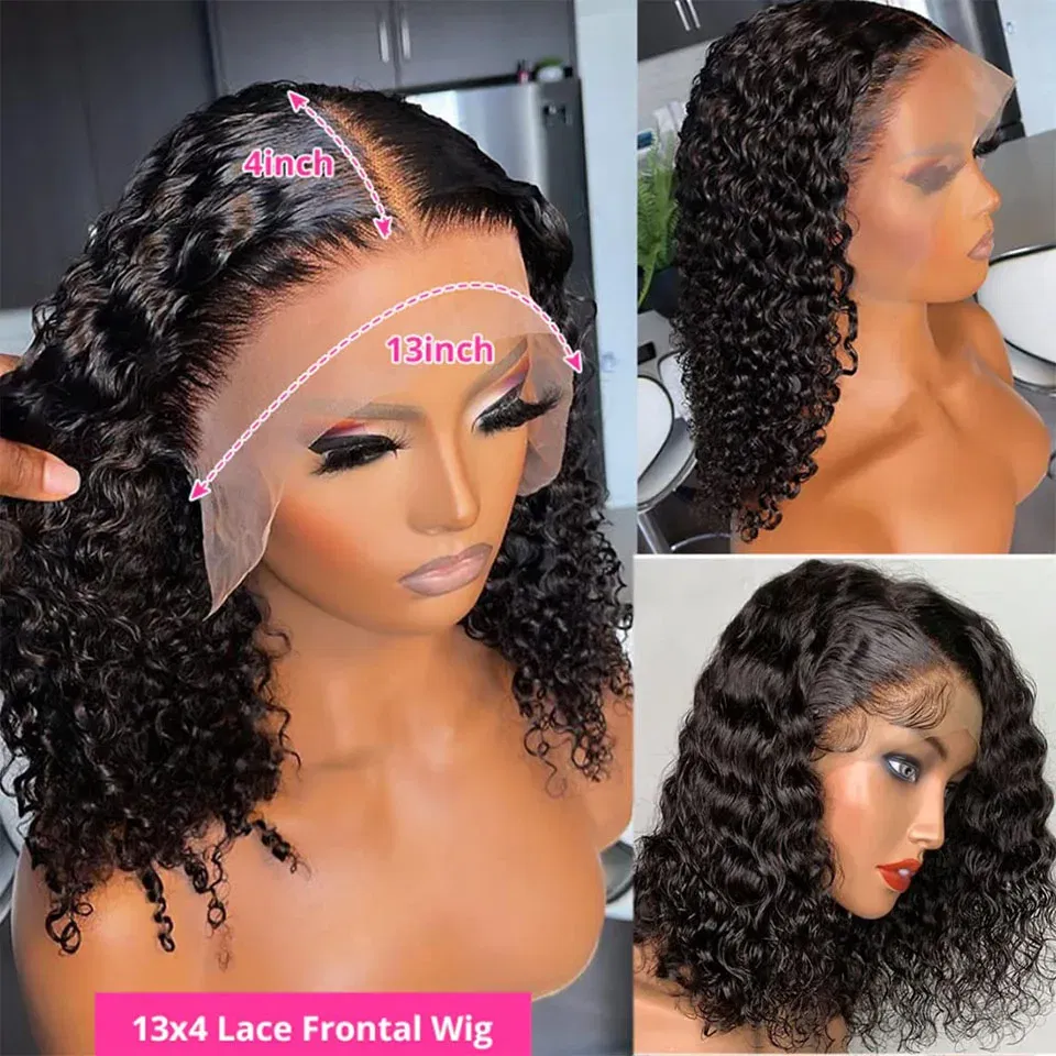 Hair Color: #4, Stretched Length: 10inches, Density: 180% - Glueless Brazilian Hair Wigs Bob Wig Human Hair 13x4 Lace Frontal Wig Human Hair Natural Remy Short Curly 4X4 Lace Closure Wigs