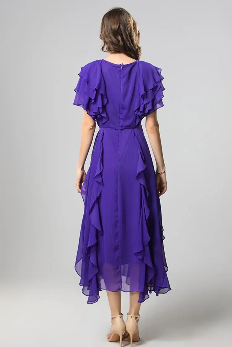 Color: Blue, Size: M, Ships From: CHINA - SEQINYY Elegant Midi Dress Summer Spring New Fashion Design Women Runway Short Sleeve Ruffles Cascading High Street Casual