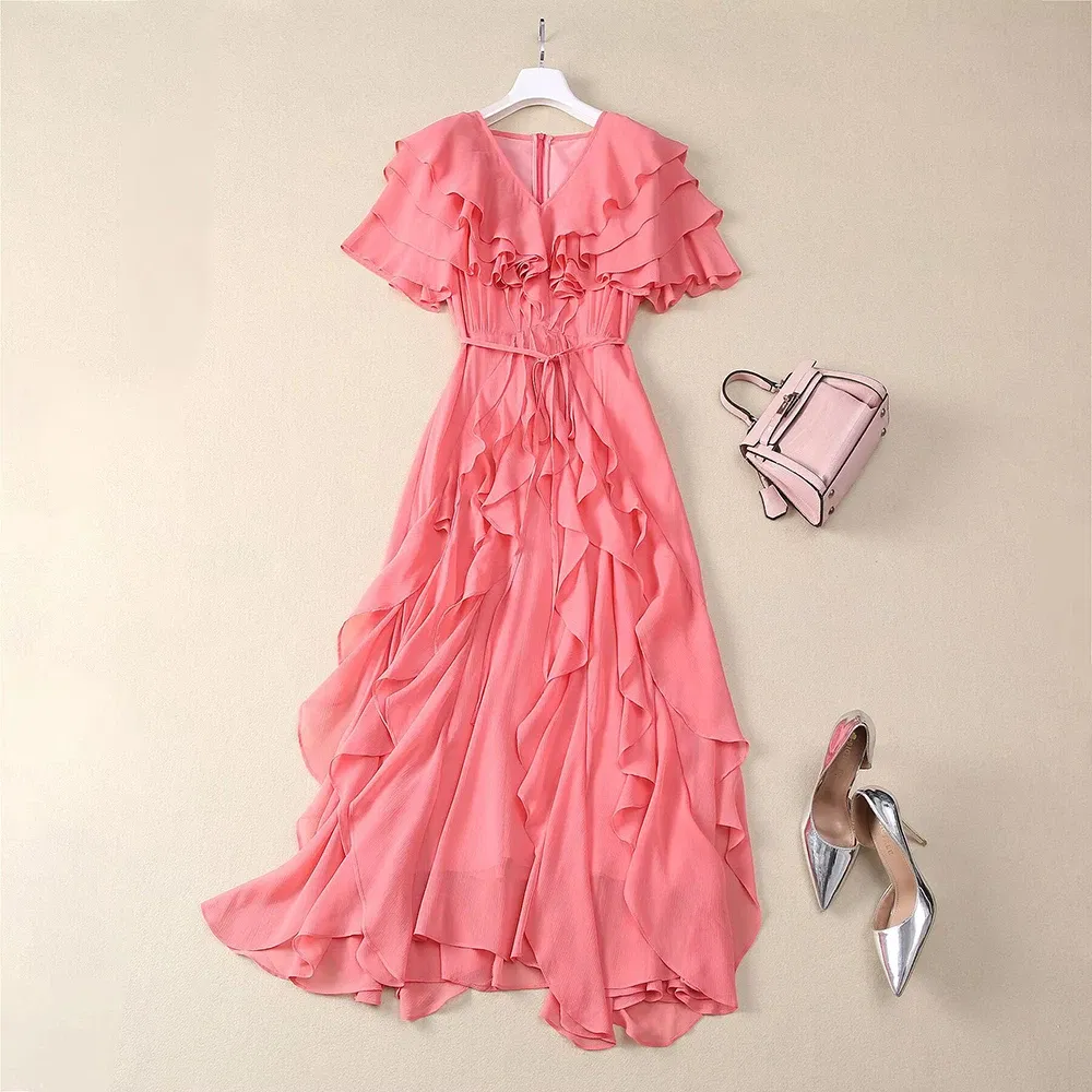 Color: Blue, Size: M, Ships From: CHINA - SEQINYY Elegant Midi Dress Summer Spring New Fashion Design Women Runway Short Sleeve Ruffles Cascading High Street Casual