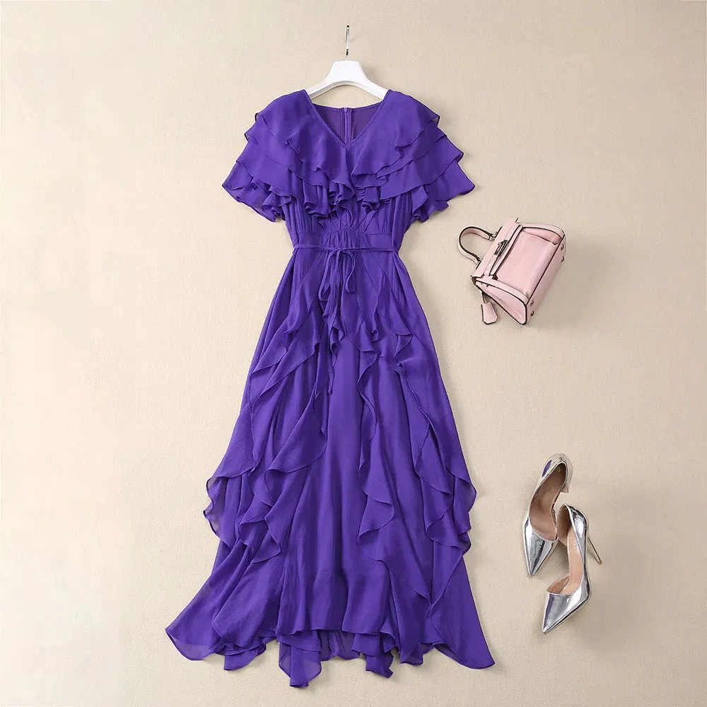 Color: Blue, Size: M, Ships From: CHINA - SEQINYY Elegant Midi Dress Summer Spring New Fashion Design Women Runway Short Sleeve Ruffles Cascading High Street Casual