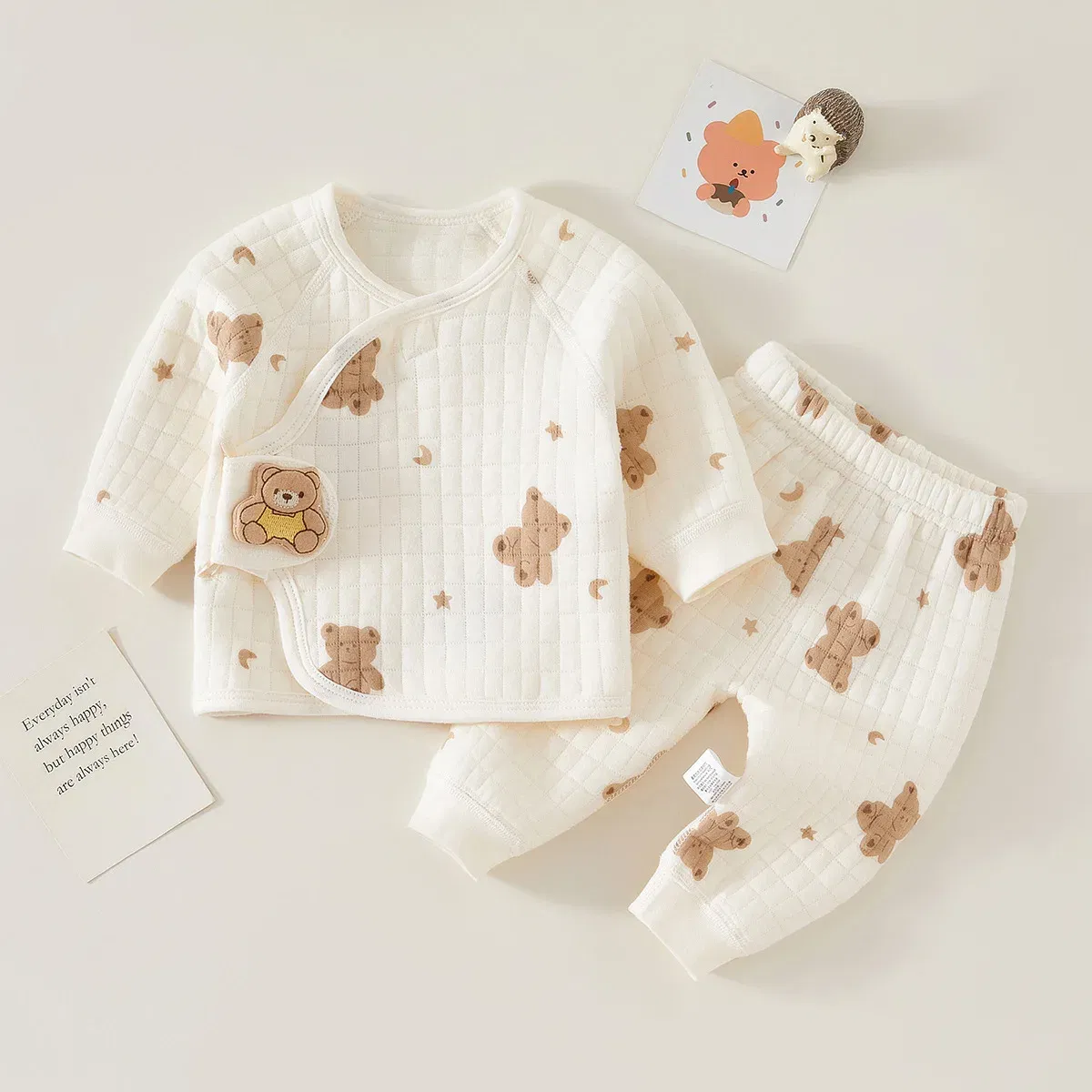 Color: Beige, Kid Size: 3M - Autumn Winter Thermal Underwear Suit Baby Clothing Sets Boys Girls Pajama Sets Baby Warm Sleepwear Cartoon bear Kids Clothes