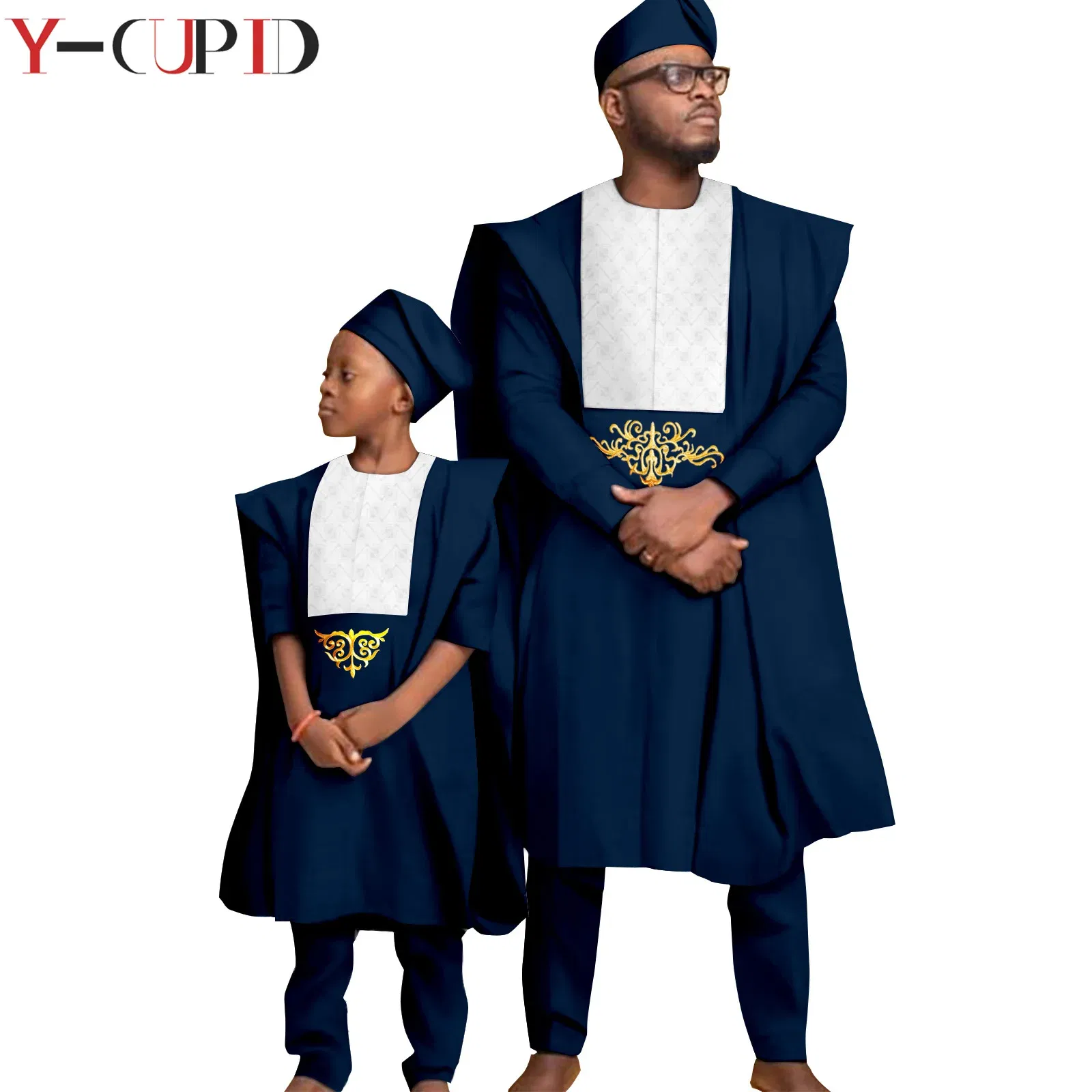 Color: Champagne, Size: S - African Clothes for Men Top Pants Robes Hat Sets Match Kid Boy Sets Dashiki Father and Son Bazin Riche Family Outfits Y20F001