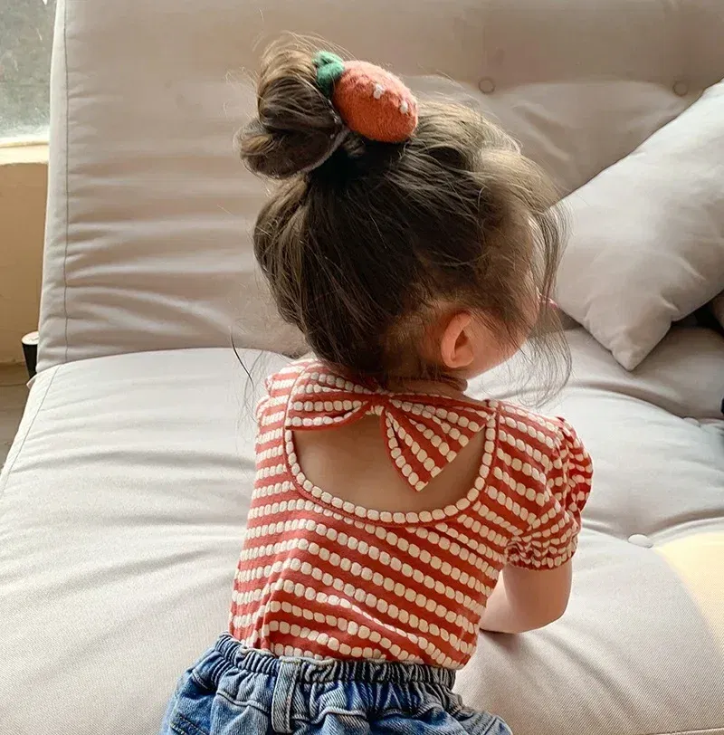 Color: Beige, Kid Size: 5 - 2024 Summer Baby Girls T-shirts Kids Girl Striped Puff Short-sleeve Tops Fashion Bowknot Backless Children Clothing Toddler Tees
