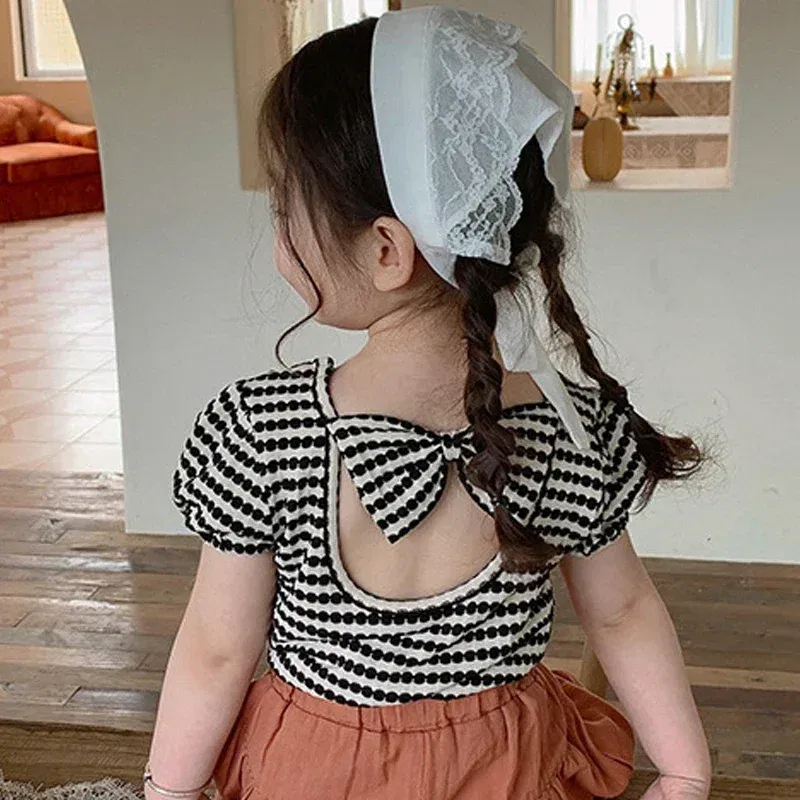 Color: Beige, Kid Size: 5 - 2024 Summer Baby Girls T-shirts Kids Girl Striped Puff Short-sleeve Tops Fashion Bowknot Backless Children Clothing Toddler Tees