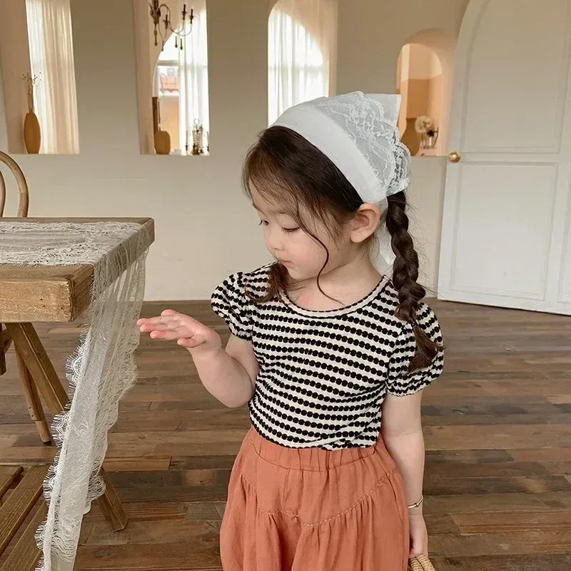 Color: Beige, Kid Size: 5 - 2024 Summer Baby Girls T-shirts Kids Girl Striped Puff Short-sleeve Tops Fashion Bowknot Backless Children Clothing Toddler Tees