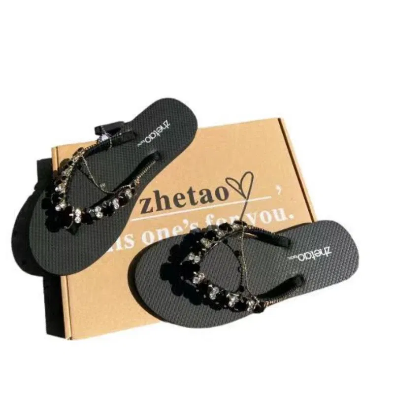 Color: Black, Shoe Size: 38 - Outdoor Leisure Flip Flops Women 2024 Summer Fashion Lady Beach Shoes Luxurious Rhinestone Embellished Women's Flat Slippers