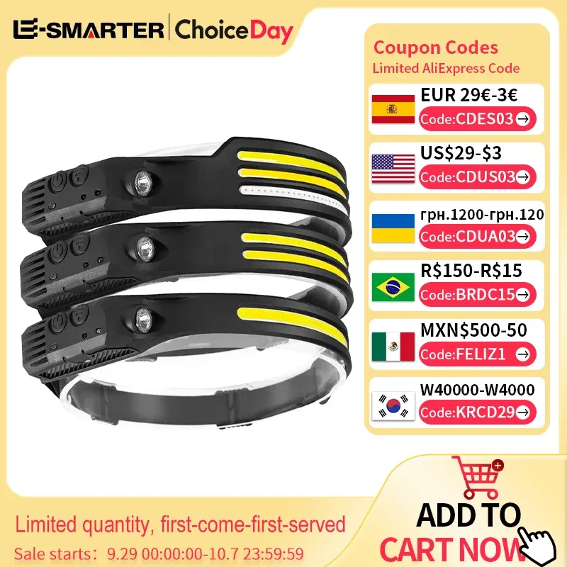 Emitting Color: changeable - Induction Headlamp COB LED Sensor Head Lamp Built-in Battery Flashlight USB Rechargeable Head Torch 5 Lighting Modes Headlight