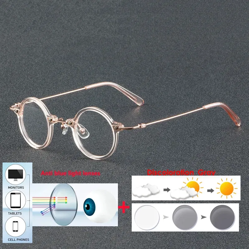 Frame Color: GRAY, Eye Prescription: +175 - VCKA Anti-blue Discolor Acetate+Titanium Myopia Glasses Frames Small Round Men Prescription Optical Women Eyewear -0.50 to -10.0