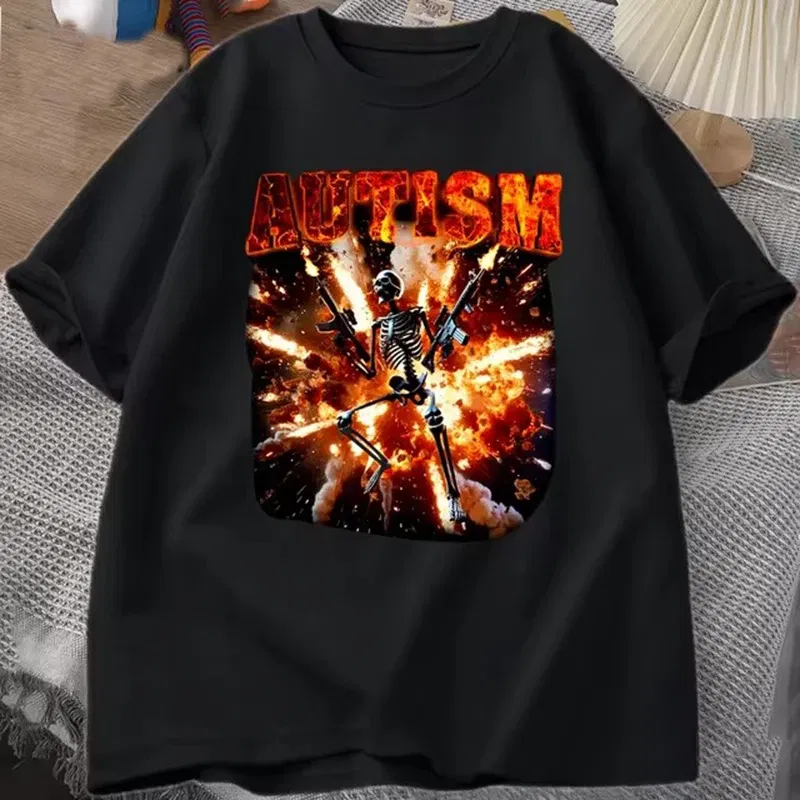 Color: GRAY, Size: XXXL - Autistic Funny Skeleton T Shirt Women Men Autism Edgy Skeleton Meme T-shirt Casual Short Sleeve Tshirt Round Neck Clothes