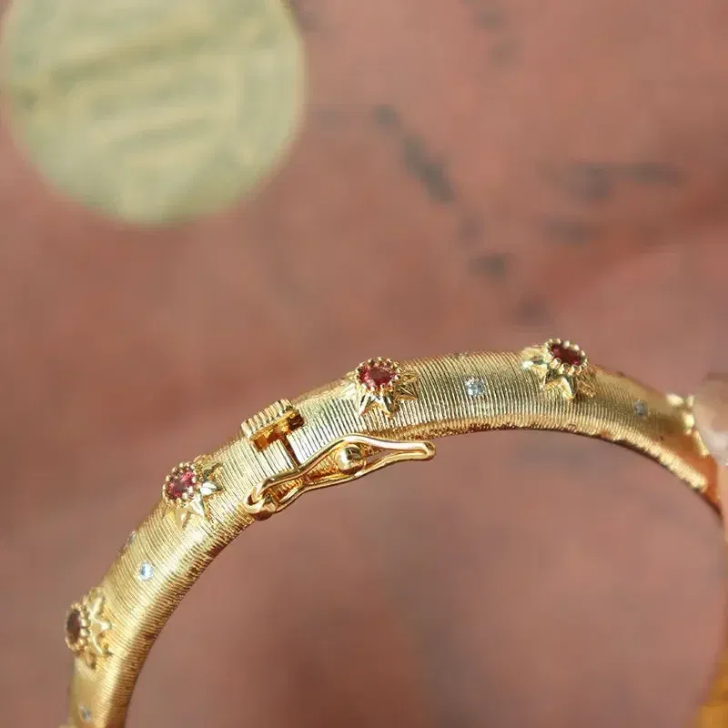 Gem Color: WHITE - Classic Court style wire drawing bracelet for women light luxury elegant green crystal retro flower bangles wedding fine jewelry