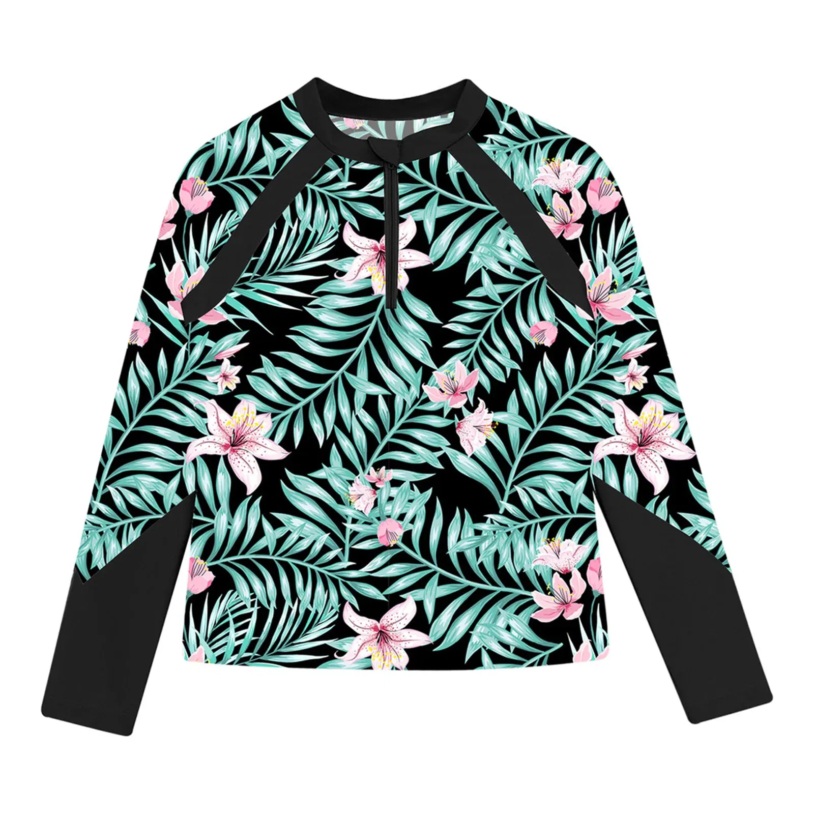 Color: Brown, Kid Size: 9M - Kids Girls Swim Top Floral Printed Rash Guard T Shirt Mock Neck Long Sleeve Pool Party Beachwear UPF 50+ Surfing Bathing Tops