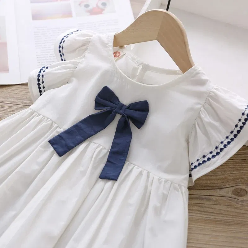 Color: WHITE, Kid Size: 2T - Summer Baby Girl Princess Dress Casual Fashion Baby Girl Flying Sleeve Bow-knot Princess Dress Kids Clothing For 1-6 Years Old