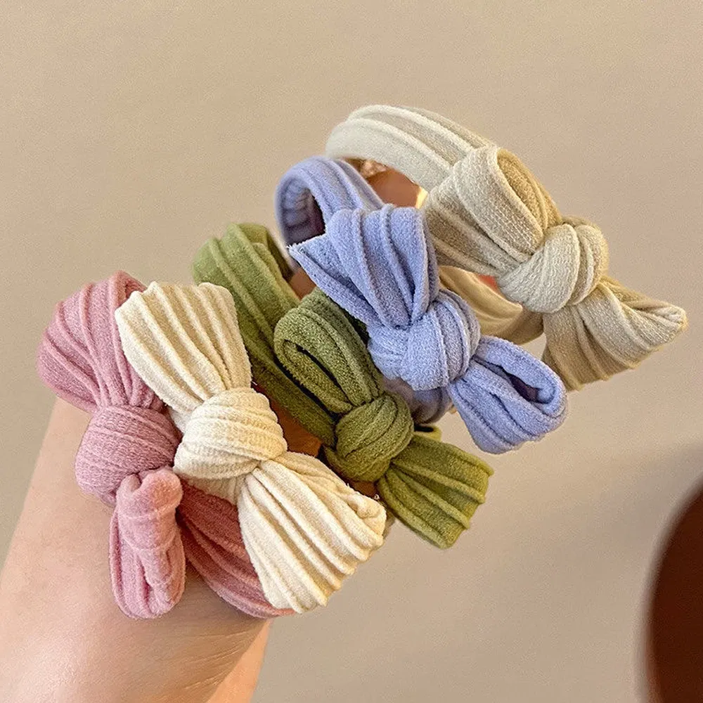 Color: green - 5pcs/Set Simple Bow Hair Ties Ropes Colorful Elastic Seamless Ponytail Holder Rubber Band For Toddler Girls