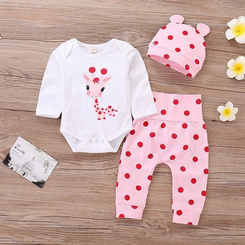 Color: Beige, Kid Size: 12M - Spring Fall Cotton Newborn Baby Girl Clothes 0-3 Months Polka Dot Unisex Infant Clothes Set Boy 3-piece Clothing With Hat