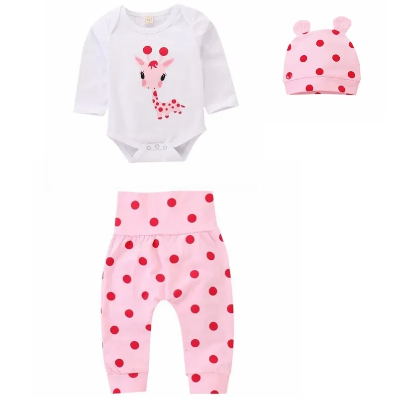 Color: Beige, Kid Size: 12M - Spring Fall Cotton Newborn Baby Girl Clothes 0-3 Months Polka Dot Unisex Infant Clothes Set Boy 3-piece Clothing With Hat